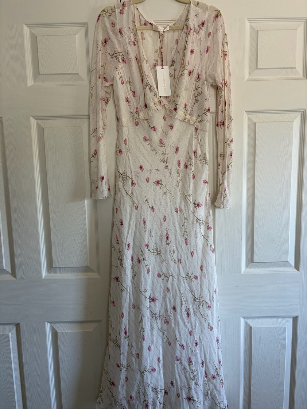 LoveShackFancy Cream Maxi Dress with Pink Floral Print